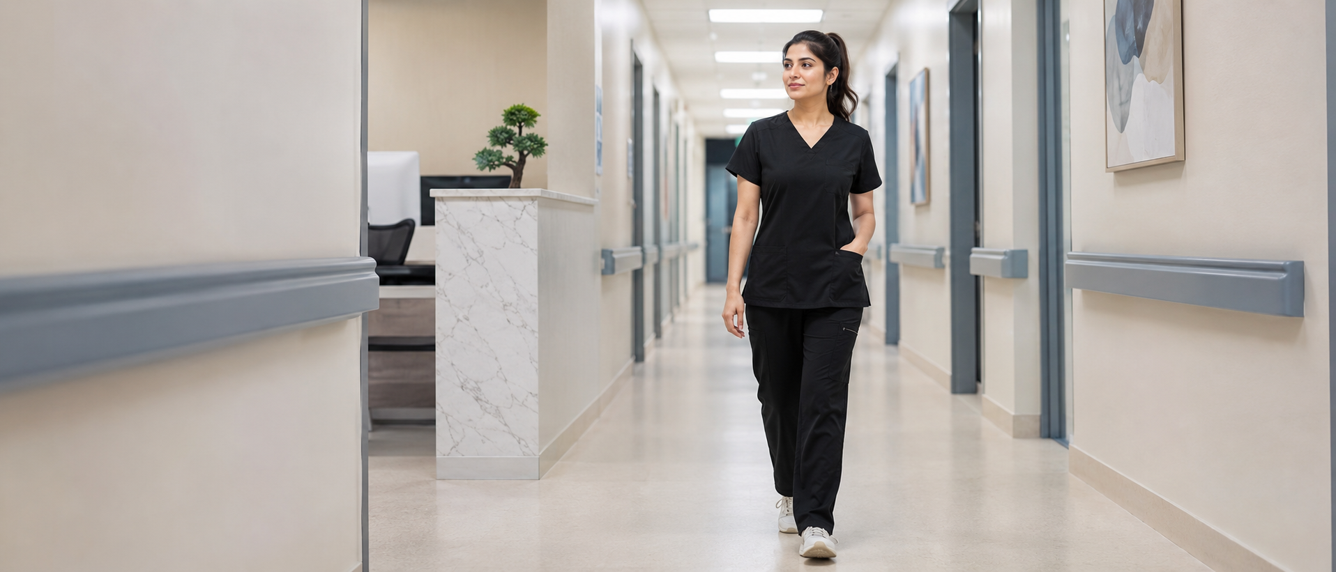 Person in black scrubs walking down a hospital hallway.